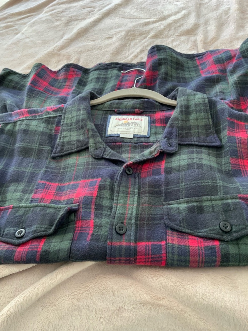 American Eagle Outfitters Red and Green Plaid Button-Down Shirt